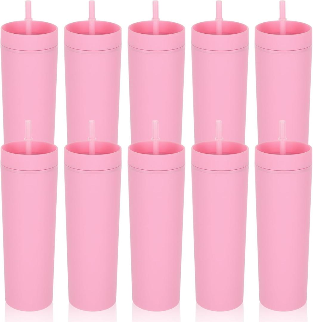 16 oz Pink Skinny Tumblers with Lid and Straw, 10 Pack Bulk Tumblers, Reusable Double Wall Plastic Cups for Iced Coffee, Travel, and Home, Leak-Proof, Insulated Drinkware Gift Set for Women and Girls