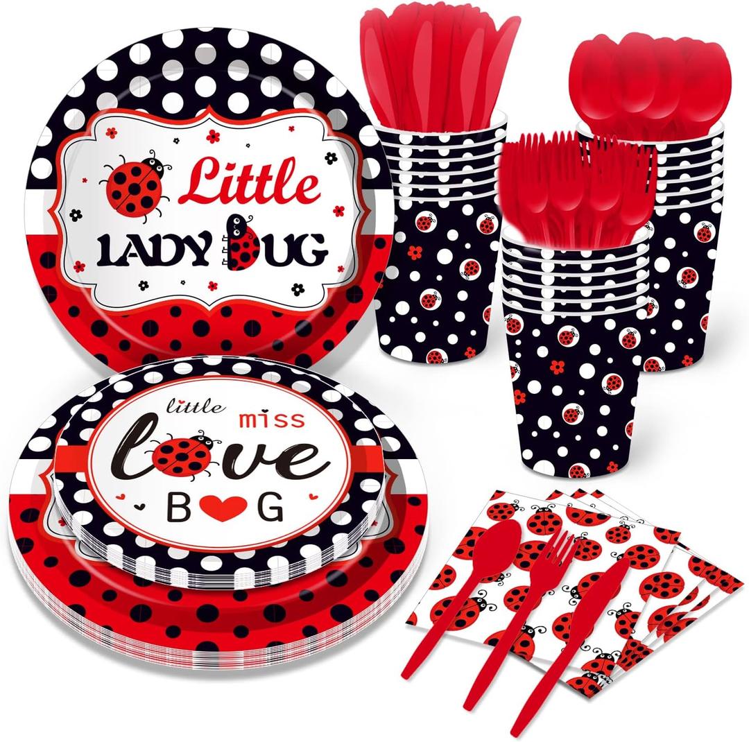 141 PCS Ladybug Fancy Birthday Party Supplies - Disposable Tableware Kit With Red and Black Polka Dot Plates, Cups, Napkins Sets - Serves 16 Guests