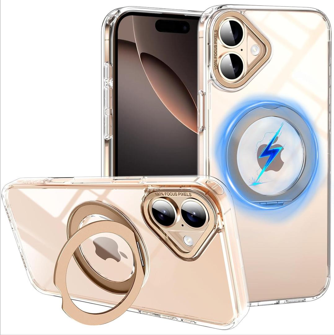 ZHK 360 Rotatable Ring for iPhone 16 Plus Case Magnetic, [Military Grade Drop Proof] [Translucent Frosted Back Panel] Slim Non-Slip Matte Phone Case for iPhone 16 Plus 6.7'', Gold