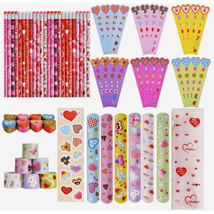 Valentines Day Party Favors 24 Pack Stationery Set Goodie Bag Class Gifts Classroom School Holiday Treat for Students Pencils Rulers Erasers Stickers slap
