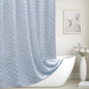 Light Blue Boho Fabric Shower Curtain Tufted Chevron Striped Textured Cloth Curtains for Bathroom, Fog Blue
