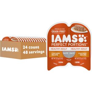 IAMS Perfect Portions Sensitive Digestion & Skin Wet Cat Food Pate, Healthy Adult Grain Free Pate, Chicken Recipe, 2.6 oz. (24 Twin Packs), BBD 02/08/28