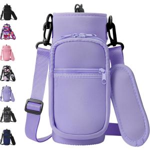 AceTreker 32 40 oz Water Bottle Carrier with Strap, Neoprene Water Bottle Sleeve Bag with 2 Pockets Insulated Flask Sling Holder for Walking Hiking Gym (A3. Purple)