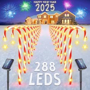 FunFanso 12 Pack Christmas Decorations Outdoor Candy Cane Lights, 288 Bright LED Upgraded Solar Christmas Pathway Lights Waterproof with Star, 8 Modes 21" Candy Xmas Lights Yard Outside Decorations