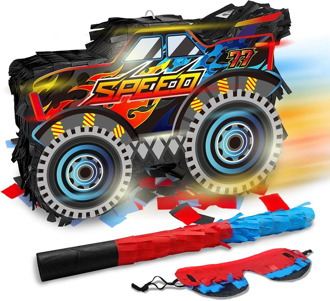 Monster Truck Pinata Car with Stick and Blindfold for Boys' Birthday Party Decoration