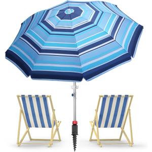 7ft Heavy Duty High Wind Beach Umbrella Parasols with sand anchor & Tilt Sun Shelter, UV 50+ Protection Outdoor Sunshade Umbrellas Carry Bag for Patio Garden Pool Backyard Stripe Blue