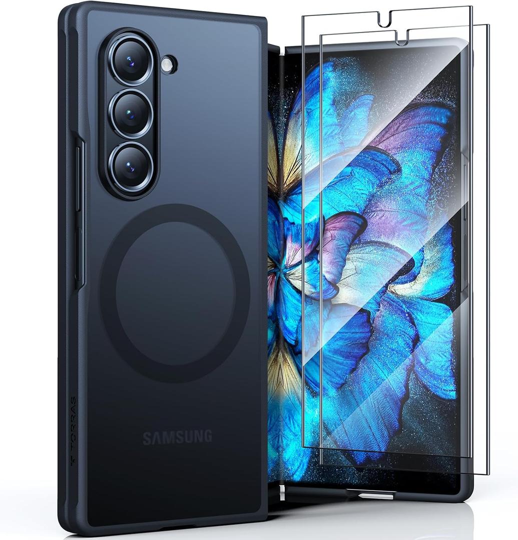 TORRAS Magnetic Shockproof Designed for Samsung Galaxy Z Fold 6 Case with Screen Protector, [Compatible with Magsafe] [Military Grade Drop Tested] Translucent Slim Phone Case ONLY for Z Fold 6, Black (No Pen Holder)