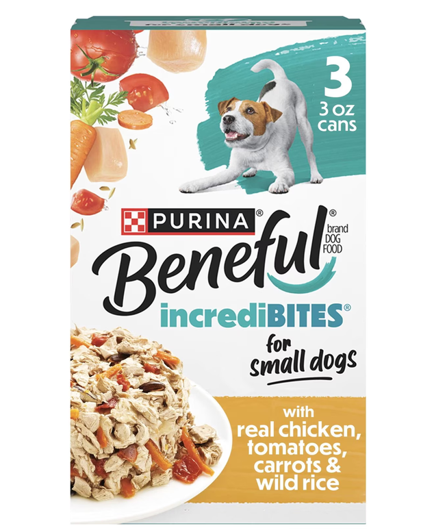(8 pack) Purina Beneful incrediBITES Small Breed Wet Dog Food, with Real Chicken, 3-3 oz. Cans​, BB Date May 2028
