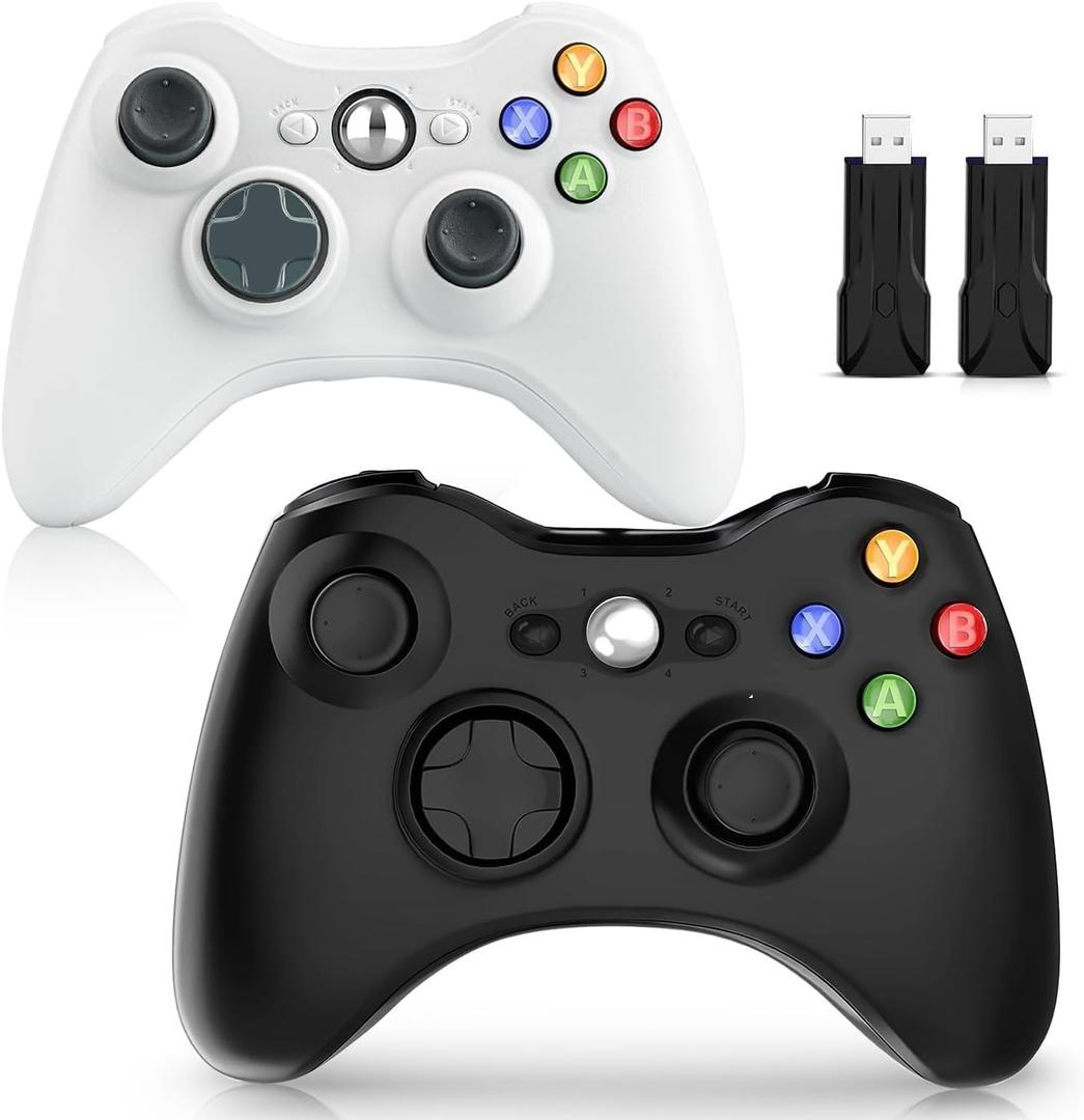 For Xbox 360 Controller, PC Wireless Gamepad with Ergonomic Grip/Upgraded No Drift Joystick/for Xbox 360 & Slim,Windows 11/10 (2 Pack, 2.4G Black) (Black and White)