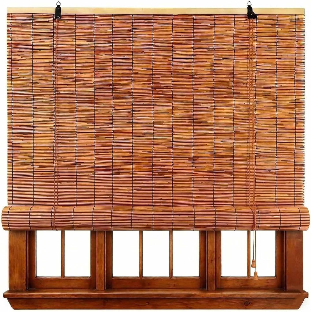 Bamboo Roller Shades for Outdoor Patio, Blackout Roll Up Blinds Cordless Bamboo Blinds for Indoor Windows Waterproof Roman Reed Shades Porch Balcony Outside Privacy Sun Shade(44" W x 72" H)