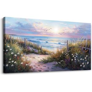 hyidecorart Large Wall Art For Living Room Canvas Wall Decor For Bedroom Blue Ocean Artwork Pictures Flower Beach Scenery Wall Painting Framed for Office Hotel Decor Modern Posters Home Decorations 60"L x 30"W