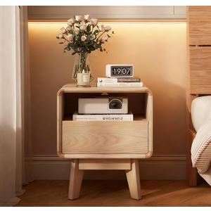 Solid Wood Nightstand, Mid-Century Modern Night Stand with Drawer & Open Shelf, Compact Bedside Tables for Bedroom, Office, Small Spaces, Light Natural Finish, Pre-Assembled