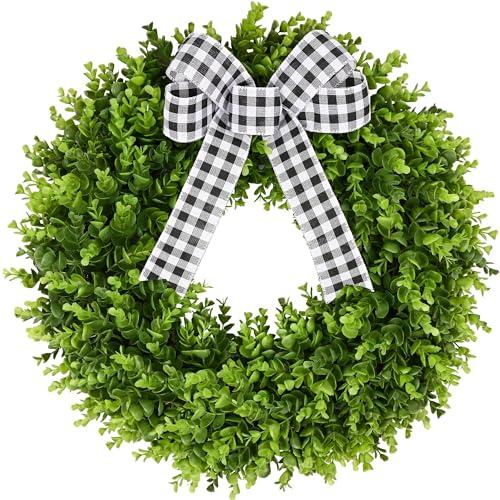 Vlorart 24" Large Boxwood Wreath for Front Door, Artificial Greenery Wreath with Plaid Bow, Full Lush Spring Summer Farmhouse Wall, Window & Wedding Decor