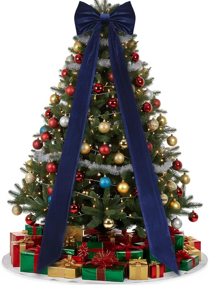 Christmas Tree Topper Bow 90x18 Inch Giant Large Velvet Bow with Long Streamers Huge Decorative Wrapping Gift Decor for Xmas Tree Front Door Patio Outdoor Wedding Arch(Navy Blue)