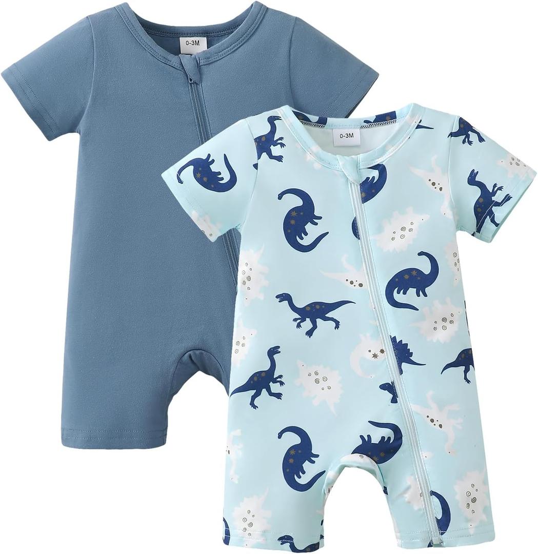 Newborn Baby Boy Clothes Summer Infant Boy Outfits Dinosaur Short Sleeve Zipper Rompers Jumpsuits Bodysuit 2 Pack (3-6 Months, Dw Blue)