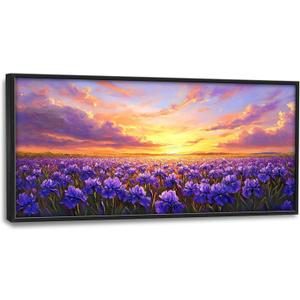 Iris Field Sunset Large Wall Art Purple Flower Framed Wall Decor for Living Room Iris Pictures Oversized Canvas Print Painting Modern Extra Large Framed Artwork for Bedroom Office 60"x30"