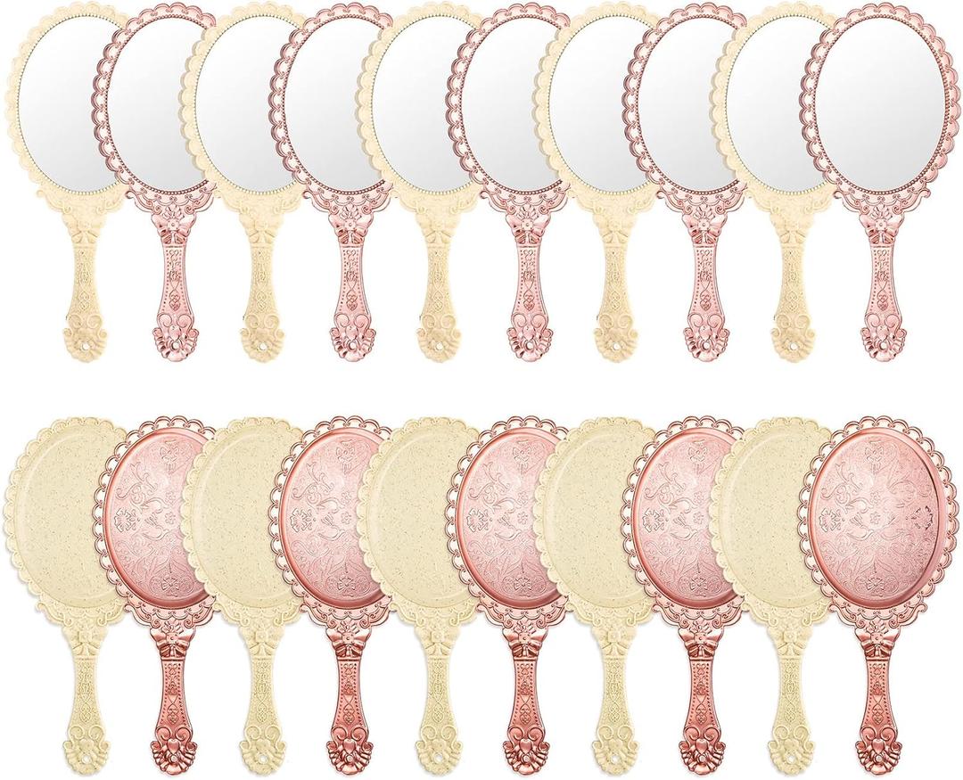 20 Pcs Vintage Handheld Mirrors, 9.8" L x 4.5" W Portable Hand Held Embossed Flower Retro Compact Mirror with Handle for Women Face Makeup Travel(Beige, Rose Gold)