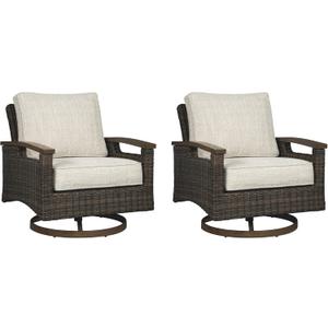 Signature Design by Ashley Paradise Trail Outdoor Swivel Upholstered Lounge Chair with All Weather Cushion, Set of 2, Cleanable Performance Fabric, Beige (Dark Brown)
