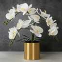 LESING Potted Artificial Orchid Flowers,Real Touch White Fake Artificial Orchid Flower in Gold Vase Arrangement for Table Living Room Decoration (White,Gold Vase)