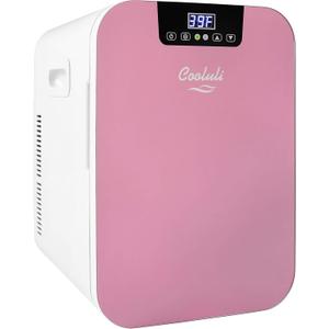 Cooluli 20L Mini Fridge For Bedroom - Car, Office Desk & College Dorm Room - Glass Front & Digital Temperature Control - Small 12v Refrigerator for Food, Drinks, Skincare, Beauty & Breast Milk (Pink) (21.1 Quarts)