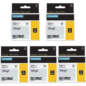 18444 Vinyl Label Tape 1/2" Replacement for DYMO Rhino 18444 Industrial Permanent Vinyl Tapes Black on White 1/2 inch x 18 feet Compatible with DYMO Rhino 4200 5000 5200 6000 Label Maker, 5pack