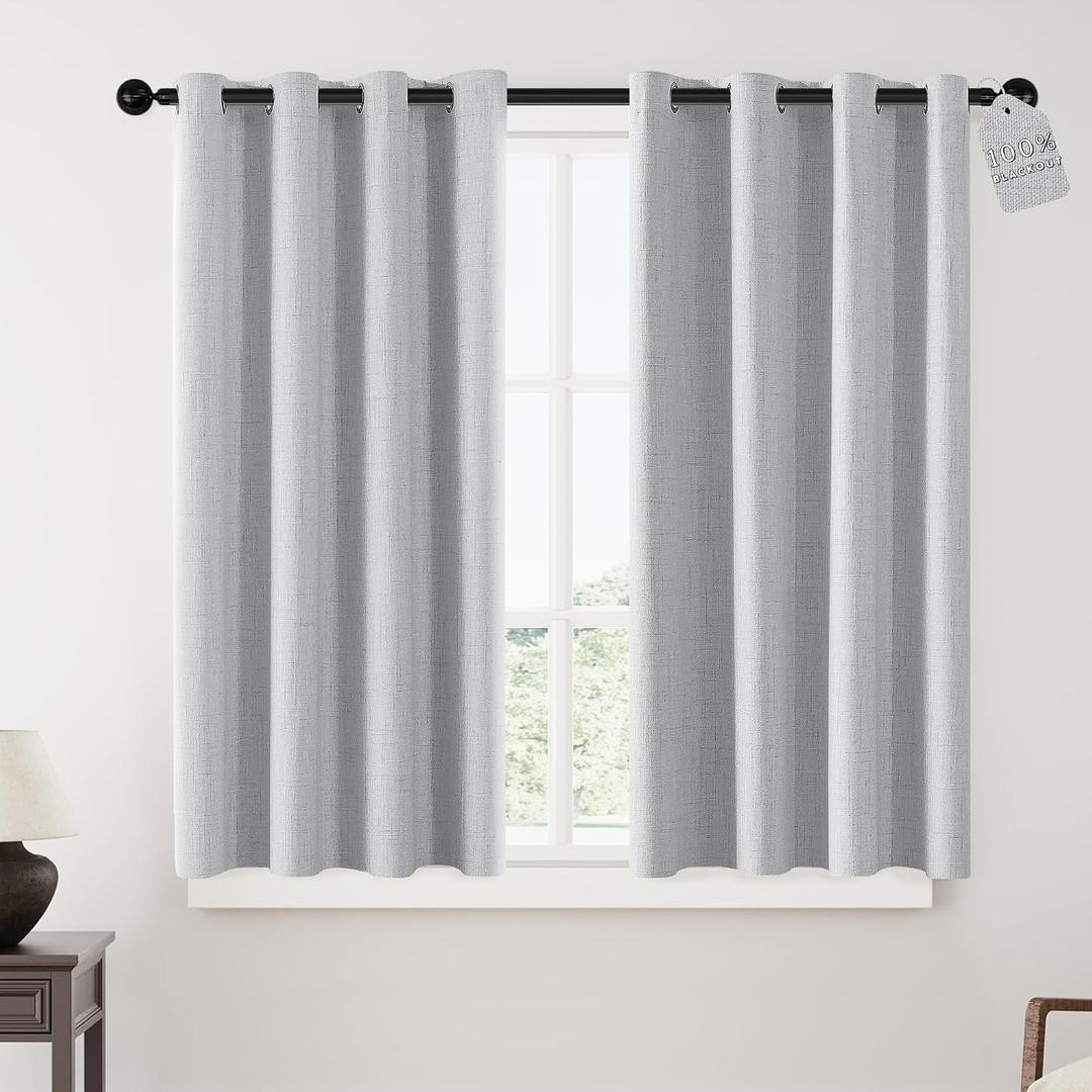 ChrisDowa 100% Blackout Curtains for Bedroom Linen Short Blackout Drapes | 52W x 54L, Room Darkening, Privacy Curtain for Living Room, Thermal Insulated Grommet Window Treatment, 2 Panels Light Grey