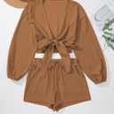 Herseas Women's Swimsuit Coverup Self Tie Blouse Shorts Set Bikini Cover Up Beach Outfit (Brown, XXL)