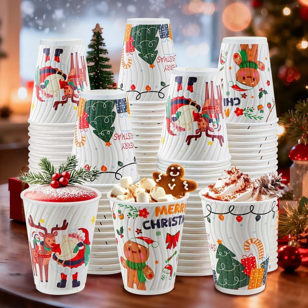 Christmas Coffee Cups 12 oz 120 Pack Corrugated Insulated Ripple Wall Disposable Paper Coffee Cups 12oz, To Go for Hot Beverage or Cold Drinks Office/Home/Cafe/Party/Travel