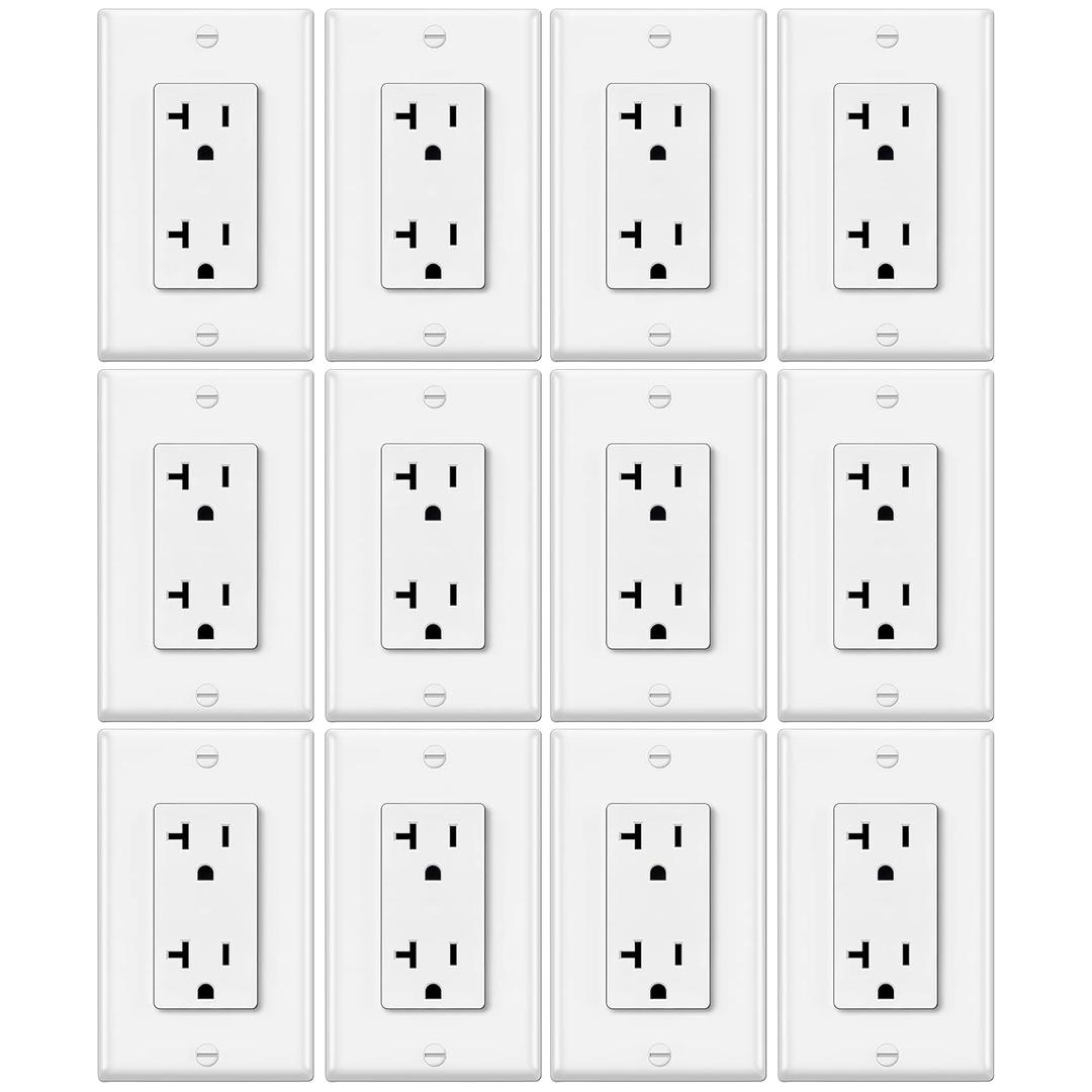 12 Pack Standard Decorator Electrical Wall Receptacle Outlet, 20A 125V, 2 Pole 3 Wire, Non-Tamper Resistant, Wallplate Included, Residential and Commercial Use, UL Listed, White