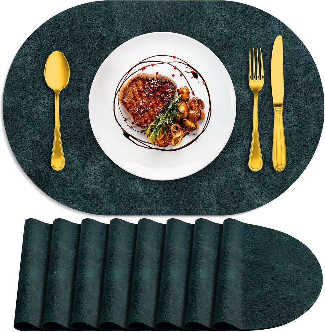 ADRIMER Placemats, Heat Resistant Oval Placemats Set of 8 Washable 12 x 17 Inch, Waterproof Table Mats, Wipeable Pu Place Mats for Kitchen, Dining Room, Dark Blue