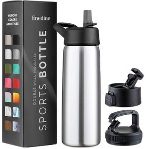 FineDine Triple Walled, Insulated Water Bottles with Straw - 25 Oz Stainless Steel Metal Bottle W/ 3 Leak Proof Lids - For Travel, School, Sports, Gym / Men, Women & Kids - Brushed Stainless Steel