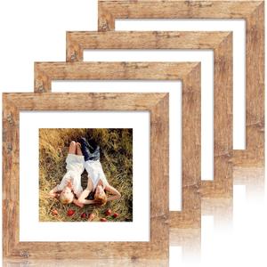 iRahmen 8x8 Picture Frame Set of 4 with HD Glass, Display 6x6 Pictures with Mat or 8 x 8 Without Mat, Square Wood Photo Frame for Wall Mount and Tabletop Display