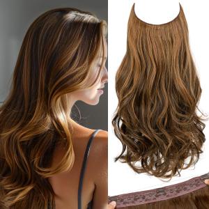 SARLA Invisible Wire Hair Extensions with 3 Clips Long Wavy Curly Synthetic Hairpiece for Women Adjustable Transparent Headband 22 Inch Chestnut (22 Inch (Pack of 1))