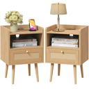Night stand Set of 2, Bedside Tables with Charging Station, Rattan End Tables, Boho Bed Side Tables, Wood Nightstands set of 2 for Kids' Room Farmhouse Bedroom Living Room Dorm Sofa Couch (Natural)