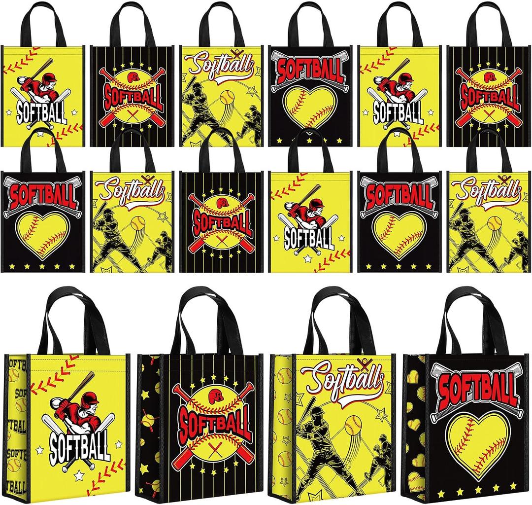 Estune 24 Pcs Softball Gift Bags with Handle Goodie Treat Candy Bags Non Woven Wrapping Tote for Softball Team Sports Birthday Party Supplies Sports Theme Decorations