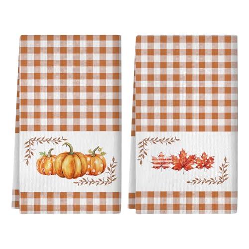 Fall Kitchen Towels Orange Pumpkin Maple Autumn Dish Towels Home Farmhouse Thanksgiving Kitchen Decor Set of 2, 18x26 Inch
