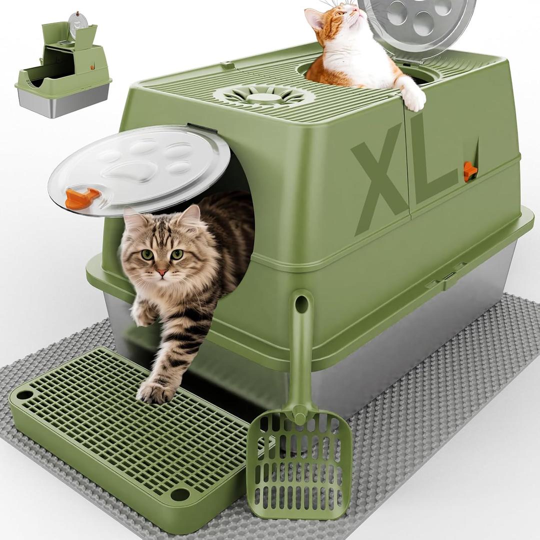 Stainless Steel Litter Box with Lid, XL Extra Large Litter Box, Enclosed Top Entry Metal Litterbox for Big Cat, Easy Cleaning, Anti-Leakage & High Sided with Mat, Aisle & Scoop, Green