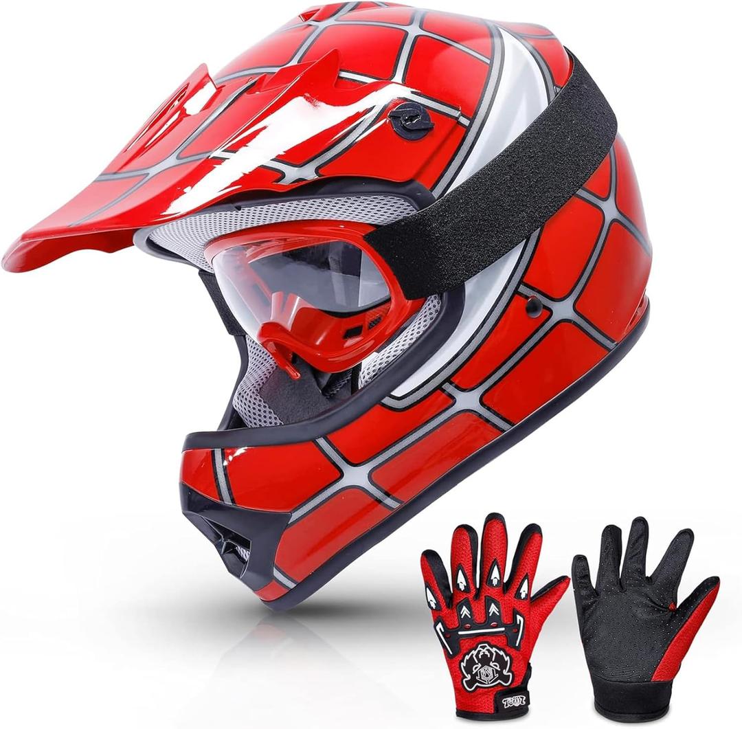 TCMT Dot Youth & Kids Motocross Offroad Street Red Spider Motorcycle Youth Helmet Dirt Bike Motocross ATV Helmet+Goggles+Gloves S