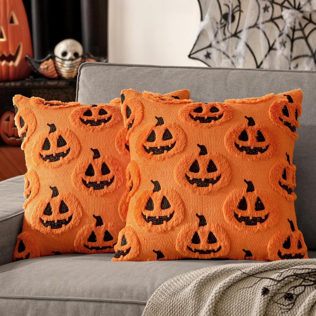 MIULEE Fall Halloween Throw Pillow Covers 18x18 Decorative Pumpkin Pattern Pillowcases Soft Plush Faux Wool Cushions for Home Patio Sofa Couch,Orange-Black