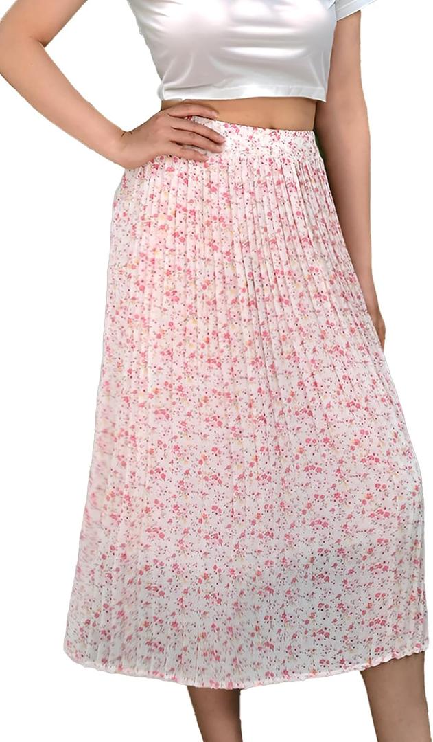 BAEAUTYZIN Women's Midi Skirts Chiffon Floral Elastic High Waisted A-Line Skirt, Pleated Skirts for Women Trendy
