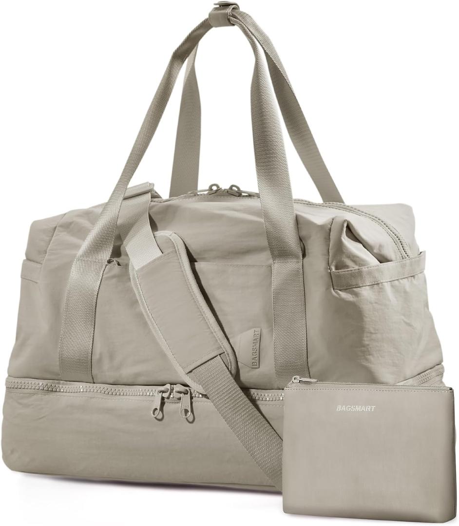 Weekender Bags for Women, BAGSMART Travel Duffel Bags with Shoe Compartment,Personal Item Travel Bag for Airlines, Carry on Overnight Tote Bag with Toiletry Bag(Beige,2pcs) (X-Large)
