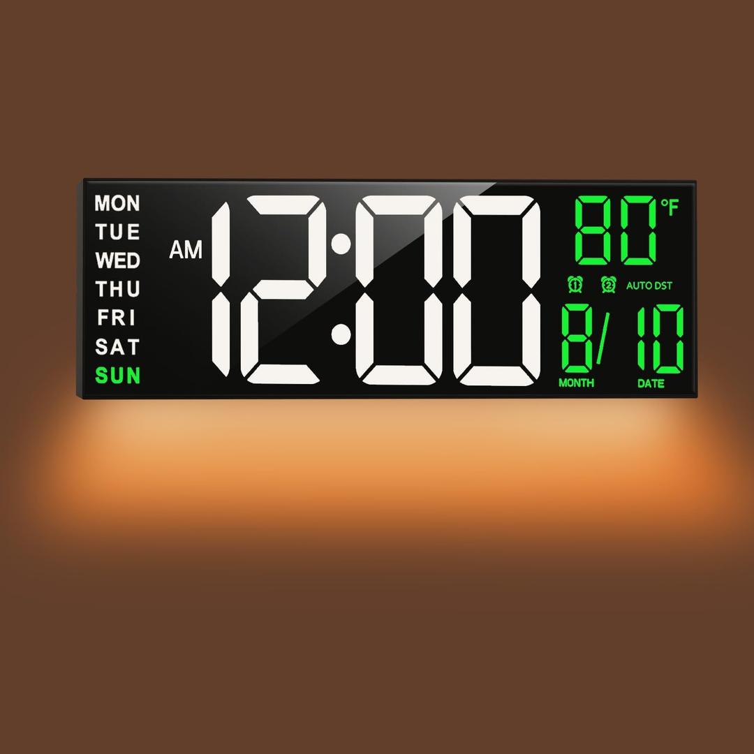 TrophyRak 16" Large Digital Wall Mount Clock, Count Down Timer, Alarm, Big LED, RGB Color, DST, Temperature for Living Room Classroom Desk, Wall, Xmas, Birthday Gift for Senior Mom Dad, White Green