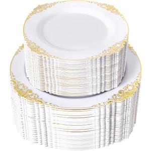 200PCS White and Gold Plastic Plates - Gold Disposable Plates - Gorgeous Wedding Plate 10inch Dinner & 7.25inch Dessert Plate for 100 Guests for Wedding & Party