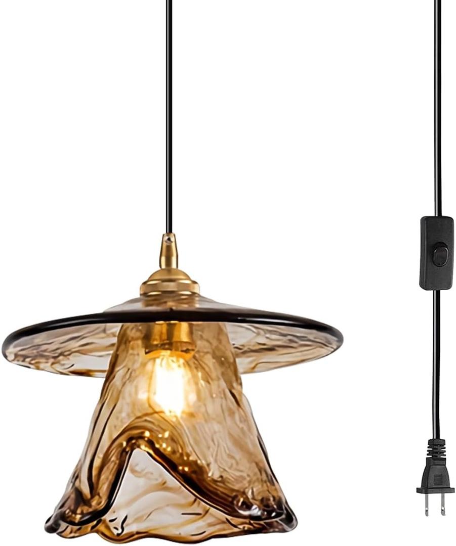 Glass Pendant Light Retro Hanging Lighting Plug in Stairway7.87 Swag Light Artistry Cord Hung Light Fixtures Amber Ceiling Hanging Light for Dining Room Entryway Hallway Old House, medium