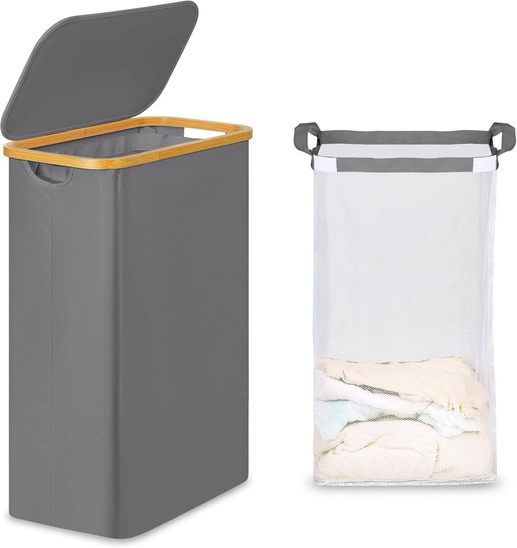 efluky Slim Laundry Basket with Lid, Narrow Laundry Hamper with Removable Bag, Skinny Dirty Clothes Basket with Bamboo Handles for Bathroom, Bedroom & Laundry Room, 65L Grey