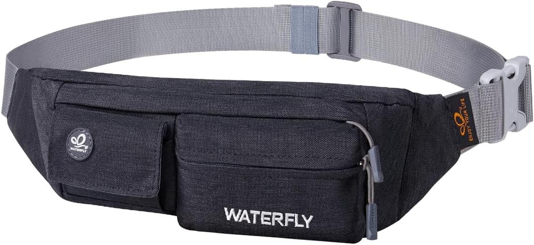 WATERFLY Fanny Pack for Women Men Water Resistant Small Waist Pouch Slim Belt Bag with 4 Pockets for Running Travelling Hiking Walking Lightweight Crossbody Chest Bag Fit All Phones (Black)