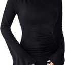Women Long Bell Sleeve Crewneck Shirts, Elegant Slim Fit Party Tops Solid Color Stretchy Ruched Blouse, Size: XL