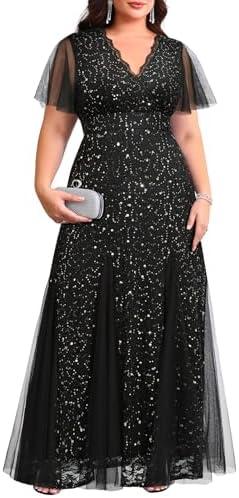 Plus Size Formal Dress - Evening Gowns Wedding Guest Mother of The Bride Sequin Lace Mermaid Tulle Hem Prom Long Dress 18W