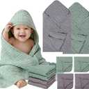 Flasoo 6 Pcs Muslin Hooded Baby Bath Towels Sets - 2 Pack 100% Cotton Baby Towel & 4 Pack Muslin Washclothes- 32x32Inch Baby Towels Cotton for Babies, Infants, Toddlers, 100% Cotton, Bath Essentials
