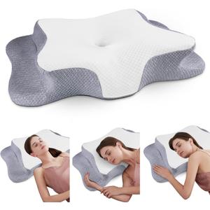 Cervical Neck Pillow for Pain Relief Sleeping, Contour Memory Foam Pillows, Ergonomic Side Sleeper Pillows for Adults, Cooling Orthopedic Neck Support Pillow for Back Stomach Sleepers (Queen Size, White & Grey - Grid)